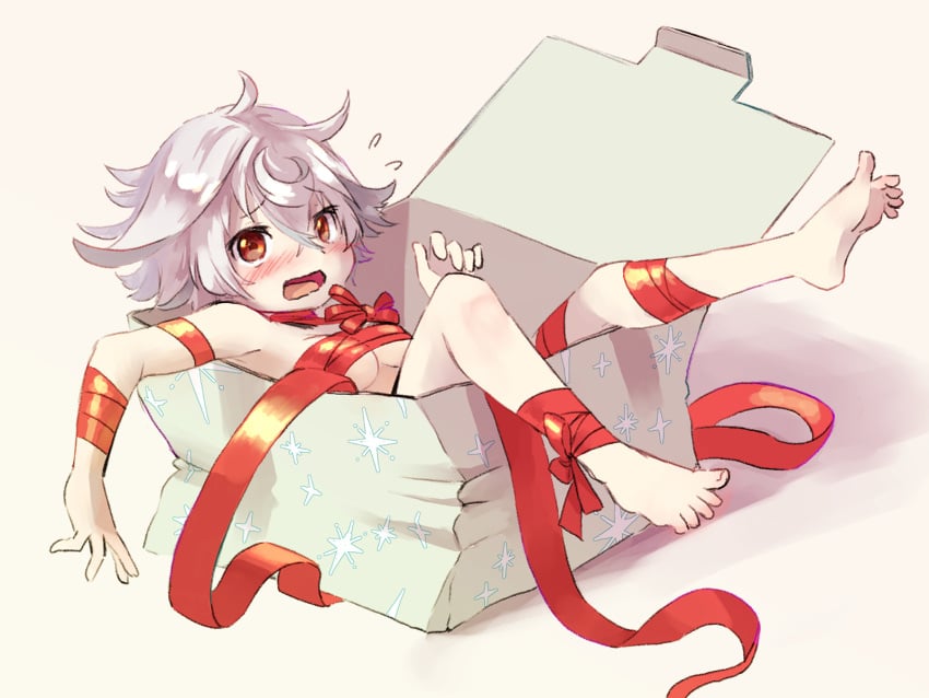 ahoge barefoot blush embarrassed female female_only in_box in_container looking_at_viewer made_in_abyss medium_breasts messy_hair mostly_nude open_mouth prushka red_eyes ribbon short_hair silver_hair solo sweatdrop underboob white_hair zattairattt