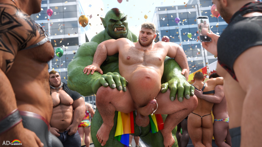 16:9 3d_(artwork) ad-games anal anal_sex belly_inflation bodily_fluids cum digital_media_(artwork) flag genital_fluids genitals green_body green_skin group hi_res holding_flag holding_object human humanoid inflation leaking_cum lgbt_history_month lgbt_pride male male/male male_only mammal nipples orc penetration penis phone phone_screen pride_color_flag pride_colors rainbow rainbow_arch rainbow_pride_colors six-stripe_rainbow_pride_colors stomach_bulge vein veiny_muscles wearing_flag widescreen