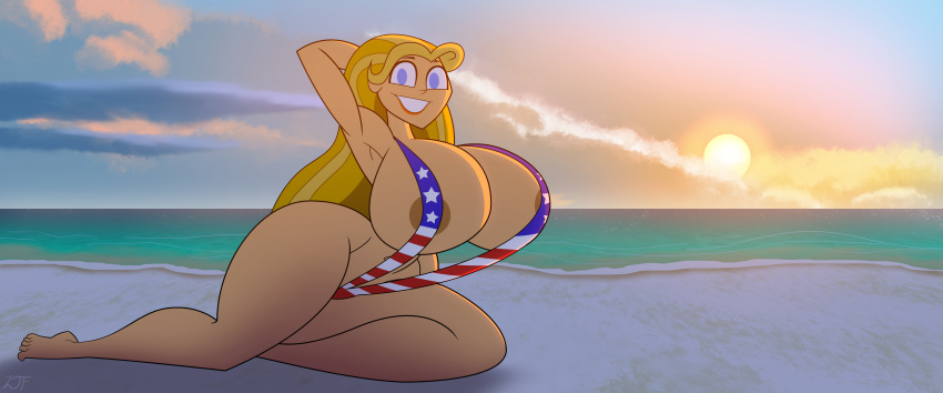 1girls american_flag_bikini arm_behind_head arm_support ass barefoot beach big_ass big_breasts bikini blonde_female blue_eyes cel_shading clear_sky clouds detailed_background feet female female_only huge_breasts human large_breasts lindsay_(tdi) long_hair ocean orange_lipstick outdoors perspective pinup rustysh4ckl3ford sand sea seaside seductive shaded sitting sling_bikini smile solo sunset thick_ass thick_thighs total_drama_(series) total_drama_island voluptuous widescreen