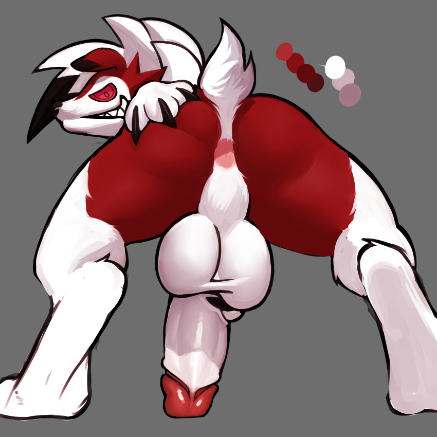 1:1 2021 absurd_res anthro anthro_only anus ass backsack balls big_balls big_penis chromamorph digital_media_(artwork) digitigrade fur genitals grey_background grin hi_res humanoid_genitalia humanoid_penis looking_at_viewer looking_back lycanroc male male_only midnight_lycanroc multicolored_body multicolored_fur nintendo penis perineum pokémon_(species) pokemon presenting presenting_hindquarters rear_view simple_background smile solo two_tone_body two_tone_fur video_games