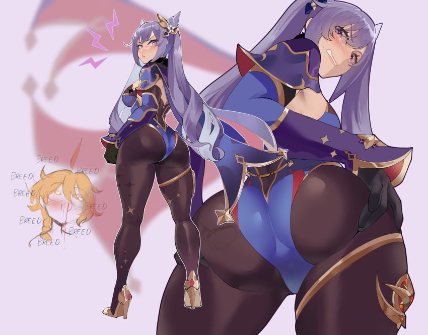 1boy 1girls aether_(genshin_impact) ass back_view big_ass big_butt blush butt curvy dat_ass fat_ass female female_focus female_only genshin_impact gloves hi_res high_heels highres keqing_(genshin_impact) large_ass leotard looking_back male mona_(genshin_impact) mona_(genshin_impact)_(cosplay) pantyhose purple_eyes purple_hair thiccwithaq thick thick_ass thick_thighs twintails voluptuous wide_hips