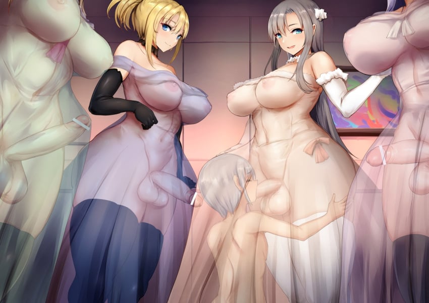 1boy 4futas areolae balls bar_censor big_breasts big_penis black_gloves blonde_hair blue_dress blue_eyes breasts bulge censored closed_mouth dress elbow_gloves erection erection_under_clothes fellatio futa_on_male futa_with_male futanari gloves green_dress grey_hair hair_ornament hiding_in_dress human large_breasts light-skinned_futanari light-skinned_male light_skin long_hair male multiple_futa multiple_girls multiple_penises nipples open_mouth oral original penis ponytail see-through sex sidelocks smile standing strapless strapless_dress surrounded_by_futanari testicles thighhighs ubanis under_clothes under_dress white_dress white_gloves x-ray