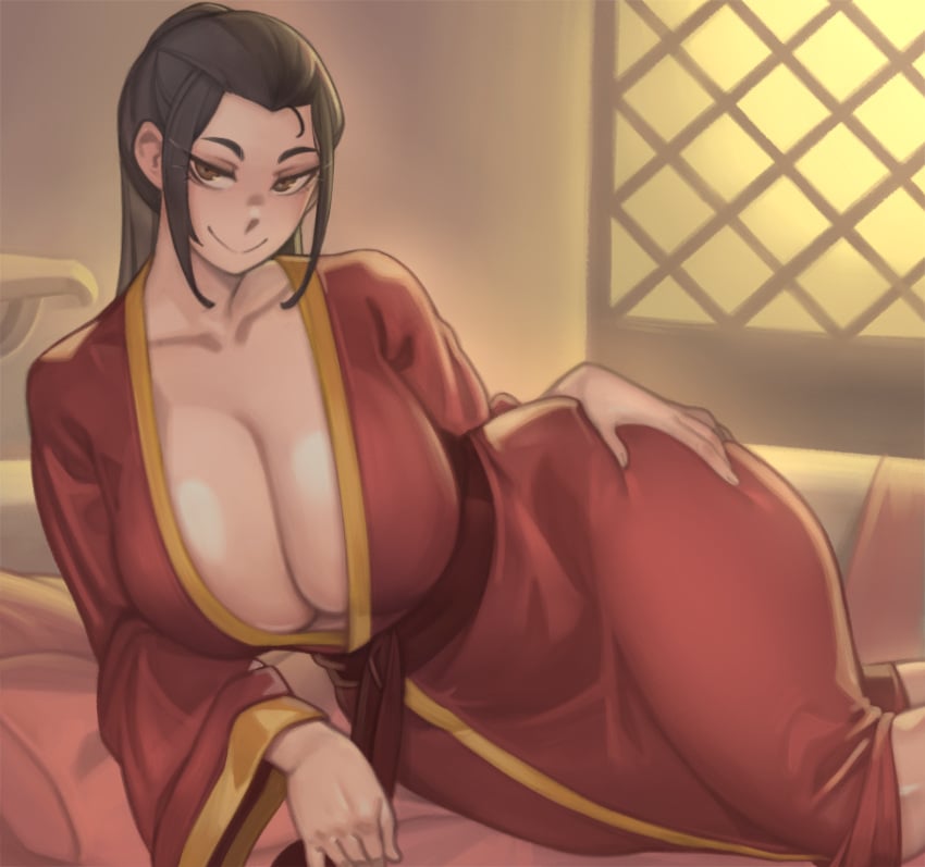 1girls 2022 alternate_breast_size alternate_version_available avatar_the_last_airbender azula big_breasts black_hair breasts brown_eyes cleavage clothing female gigantic_breasts hi_res hips huge_breasts kelvin_hiu large_breasts long_hair looking_at_viewer lying_on_side naughty_face nickelodeon nicktoons nightgown slim_waist suggestive_look thick_thighs thighs wide_hips