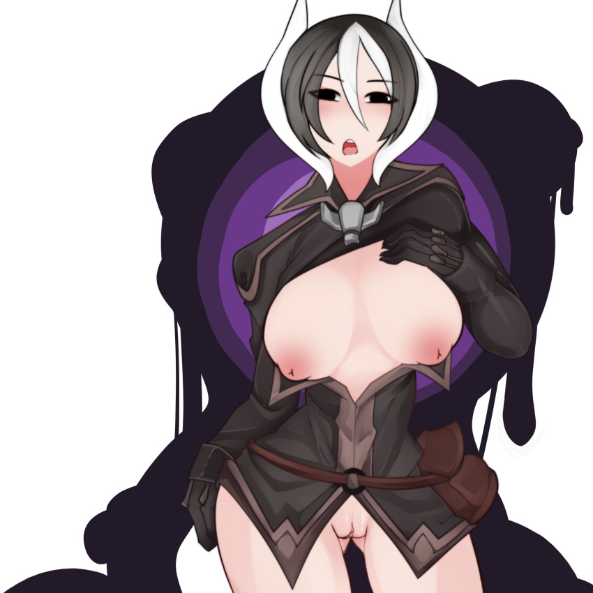 big_breasts black_and_white_hair black_eyes black_gloves black_hair blush bottomless breasts_out female female_only gloves hair_between_eyes innie_pussy inverted_nipples looking_at_viewer looking_back made_in_abyss mashpervert no_bra open_mouth open_shirt ozen shaved_pussy short_hair solo two_tone_hair uncensored white_highlights