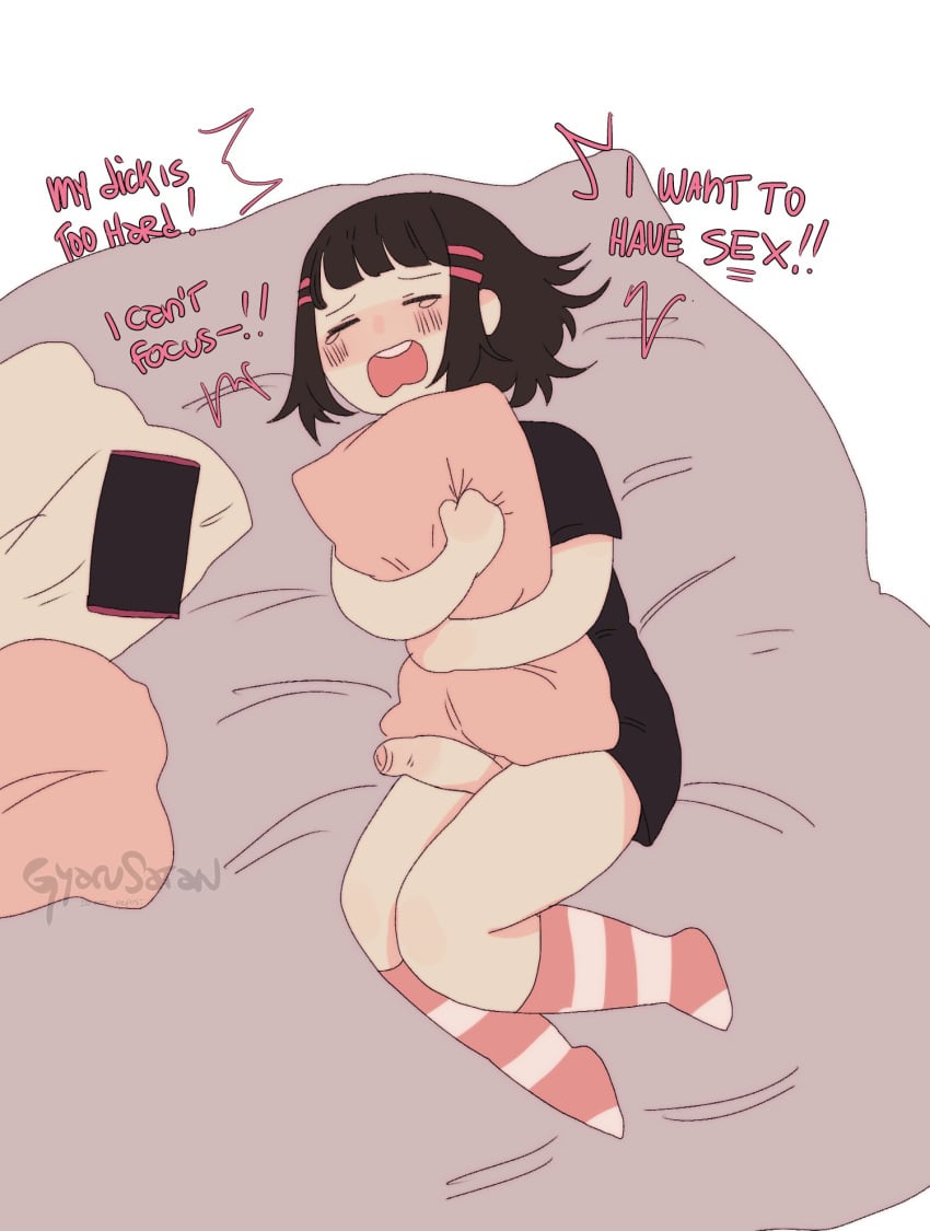 1futa black_hair blush chibi closed_eyes crying cute dialogue english_text foreskin futa_only futanari gyarusatan hi_res hugging_pillow odette_(gyarusatan) on_bed open_mouth penis pent_up pillow solo solo_futa upper_teeth white_background