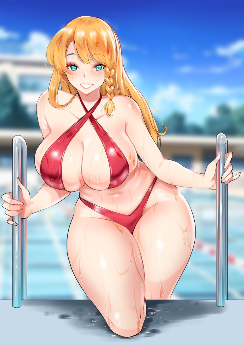 1girls aqua_eyes big_breasts bikini blonde blonde_hair blurry_background blush braid commission female female_only hi_res kenron_toqueen long_hair looking_at_viewer octoosr pool poolside smiling smiling_at_viewer solo solo_female teeth_showing thick_thighs wet_skin