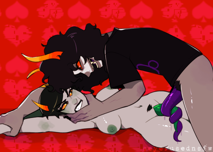 1boy 1girls ass black_hair black_lips black_nails breasts clothing dubious_consent facepaint gamzee_makara grabbing_face grey_skin heart homestuck horns kanaya_maryam ms_paint_adventures nipples nonconsensual open_mouth precum pubic_hair rape red_background red_eyes seyerusednsfw sharp_teeth short_hair spade straight teal_nipples tentabulge tentacle tentacle_sex yellow_eyes