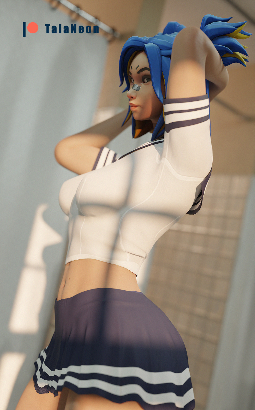 1girls 3d bathroom blue_hair blue_skirt crop_top hands_in_hair neon_(valorant) no_bra riot_games side_view skirt standing tagme talaneon valorant watermark white_crop_top