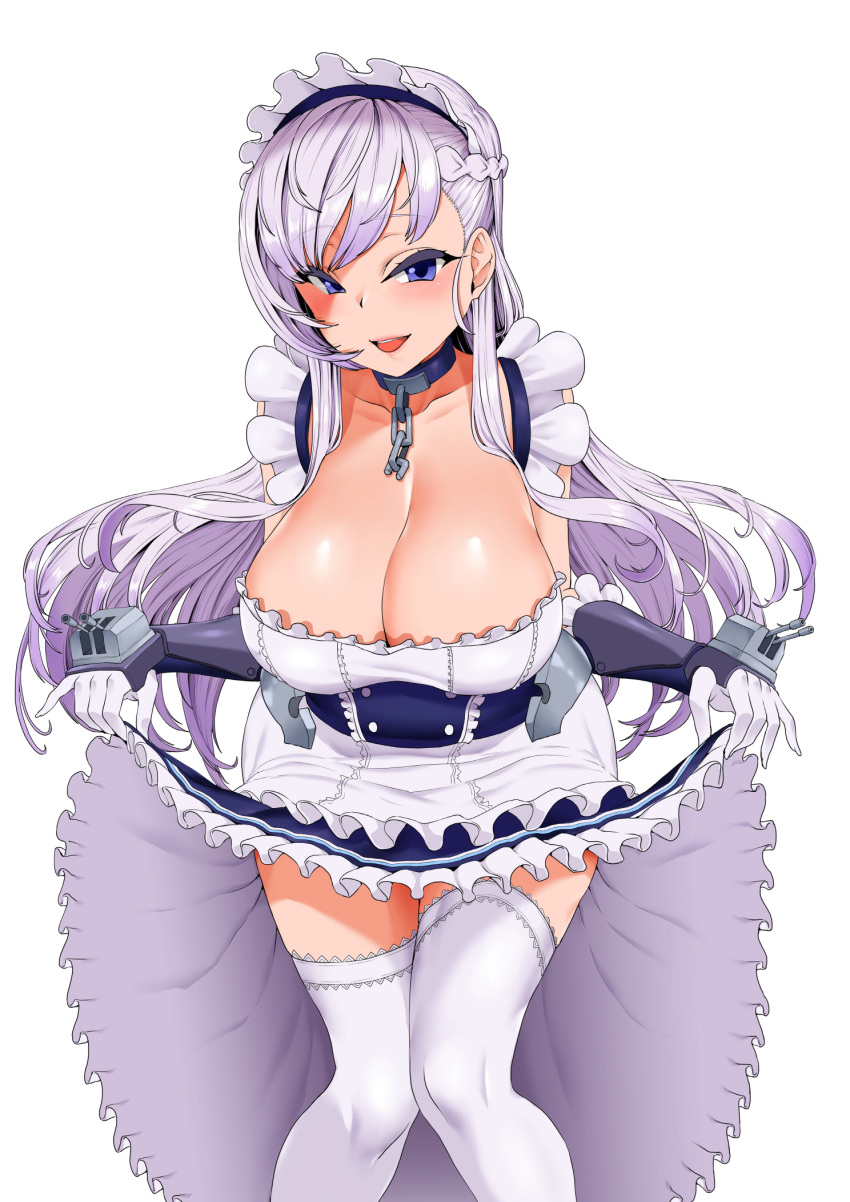 1girls :d azur_lane bad_id bad_pixiv_id belfast_(azur_lane) blue_eyes breasts broken broken_chain chains cleavage clothes_lift dress dress_lift era_(erasion) female gloves highres large_breasts long_hair maid maid_headdress open_mouth simple_background smh1069 smile teeth thighhighs turret white_background white_gloves white_legwear