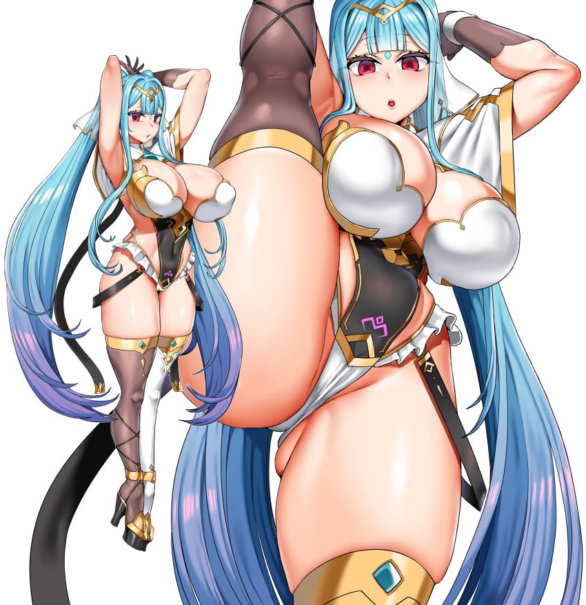 1girls :o absurdres armpits arms_behind_head arms_up asymmetrical_legwear black_gloves blue_hair bodysuit breasts cleavage clothing_cutout covered_navel epic7 epic_seven era_(erasion) facial_mark female forehead_mark full_body gloves high_heels highres leotard long_hair looking_at_viewer mismatched_legwear multiple_views open_mouth plump ponytail red_eyes roana_(epic7) short_sleeves skin_tight skindentation smh1069 split standing standing_on_one_leg standing_split thick_thighs thighs tiptoes very_long_hair white_background wings wrist_cuffs