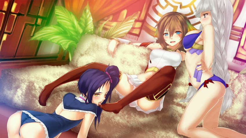 3girls all_fours ar_nosurge ar_tonelico armpits ass belly_button blue_eyes blue_hair blush braided_hair brown_hair ciel_nosurge cyan_eyes dominant_female domination exa_pico female female_on_female female_only foot_fetish foot_lick foot_licking foot_worship game_cg girl grey_eyes gust hands human in_water ionasal ionasal_kkll_preciel ionasol kanoyeel koei_tecmo light-skinned_female light_skin looking_at_viewer navel nayaflask on_knees on_sofa one-piece orange_eyes panties pantyshot pink_scrunchie ponytail purple_hair red_stockings saliva scrunchie sharl side_ponytail silver_hair sitting slender_waist small_breasts sofa stockings submissive_female swimsuit thighhighs thighs tongue tongue_out white_panties yuri