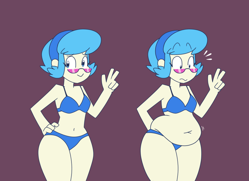 bikini blue_hair breasts curvy digital_media_(artwork) female female_only glasses hourglass_figure light-skinned_female light_skin looking_at_viewer mystery_skulls peace_sign short_hair simple_background smile solo standing surprised vivi_(mystery_skulls) weight_gain wide_hips