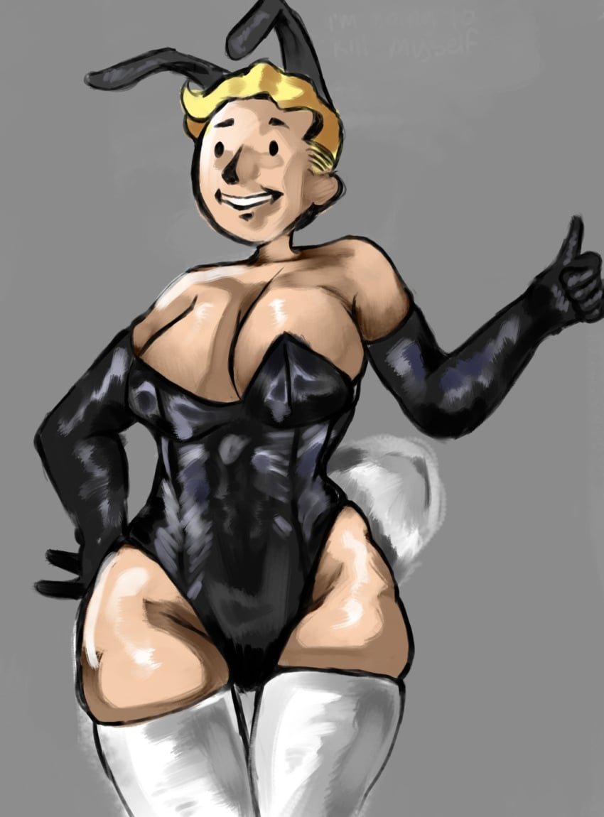 black_gloves blonde_hair breasts bunny_ears bunny_tail bunnysuit fallout fallout_4 gloves hand_on_hip mob_face playboy_bunny rule_63 shitpost simple_background stockings thick_thighs thumbs_up vault_boy white_stockings