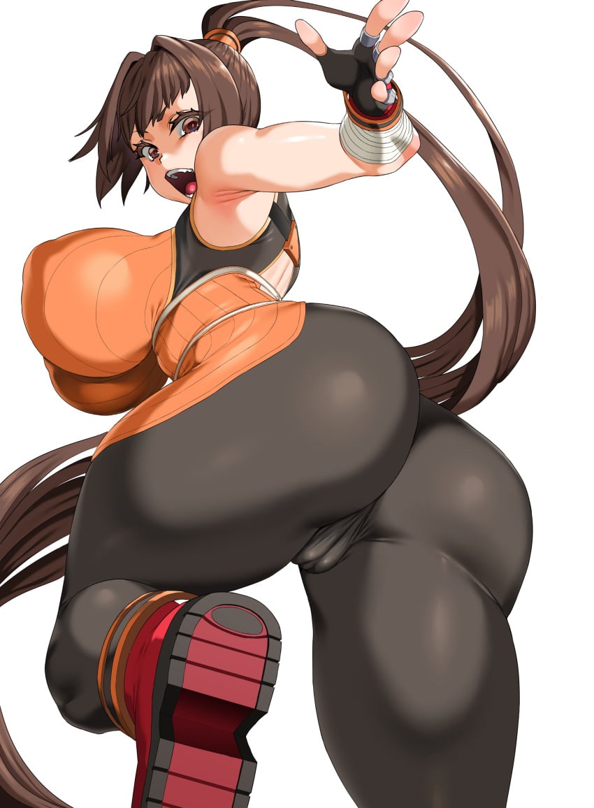 absurdres ass bare_shoulders boots breasts brown_eyes brown_hair cameltoe dnf_duel dungeon_and_fighter era_(erasion) female fighter_(dungeon_and_fighter) fingerless_gloves from_behind fully_clothed gloves highres huge_ass huge_breasts long_hair looking_at_viewer looking_back open_mouth pants ponytail puffy_nipples shiny shiny_clothes shiny_hair shiny_skin simple_background smh1069 solo striker_(dungeon_and_fighter) thick_thighs thighs tight_clothing very_long_hair white_background yoga_pants