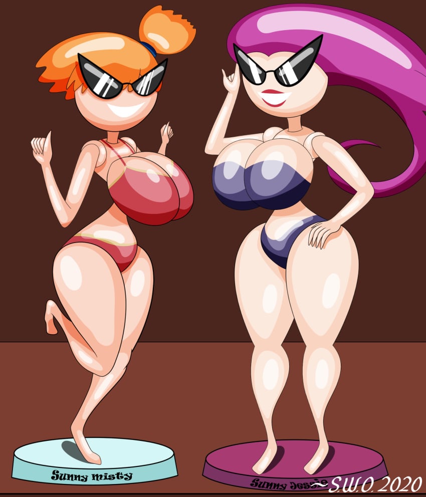 2020 2girls bikini dollification female female_only fully_clothed high_heels huge_ass huge_breasts jessie_(pokemon) kasumi_(pokemon) knick_knack navel permanent_smile pokemon revealing_clothes sunglasses sunnification superweirdman swimsuit thick_thighs transformation wide_hips