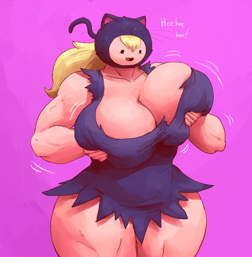 1girls 2022 5_fingers adventure_time big_breasts blonde_hair bouncing_breasts cartoon_network cat_hat female green_eyes hat huge_breasts mob_face muscular muscular_female outta_sync playing_with_breasts playing_with_own_breasts purple_dress purple_hat susan_strong tagme thick_thighs wholesome