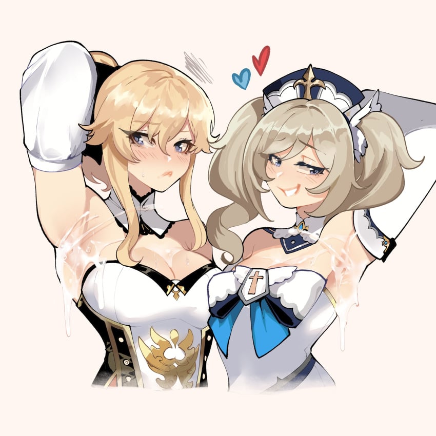 2girls arm_behind_head armpits bangs barbara_(genshin_impact) blonde_female blonde_hair blue_eyes blush breasts cleavage closed_mouth corset cropped_torso cum cum_on_armpits detached_sleeves female_only genshin_impact grin hair_between_eyes hat heart highres jean_gunnhildr long_hair medium_breasts multiple_girls nun only_female sexy_armpits siblings simple_background sisters smile strapless thiccwithaq twintails