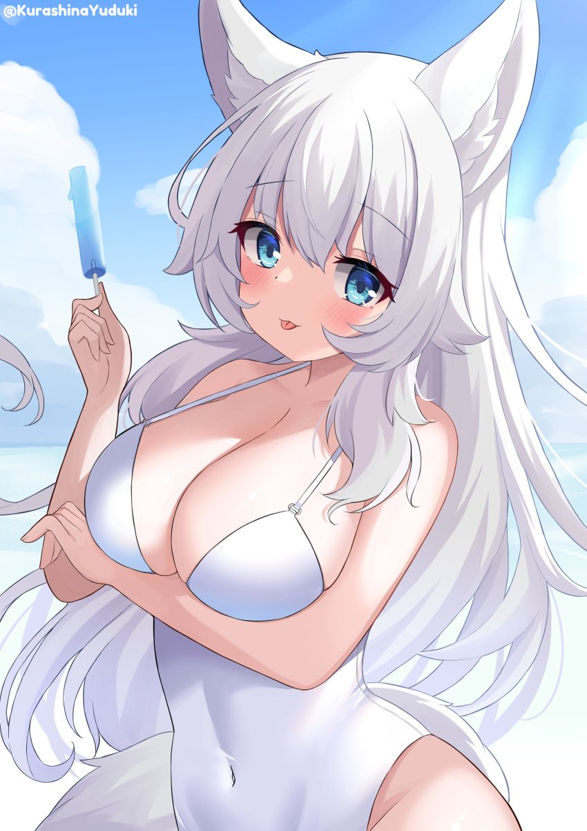 1girls big_breasts blue_eyes blush indie_virtual_youtuber kurashinayuduki long_hair lumi_(merryweather) merryweather popsicle swimsuit virtual_youtuber white_hair wolf_girl