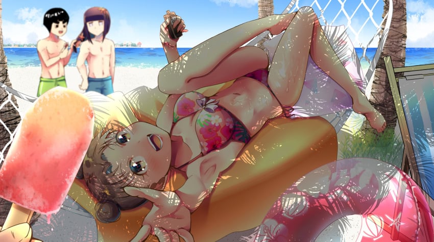 1girls 3boys barefoot beach bikini bikini_bottom bikini_top blush braiding_hair brown_eyes brown_hair cute detailed_background feet female female_focus highres hyuuga_neji ice_cream jiyun legs_up light-skinned_female light_skin looking_at_viewer maito_gai might_guy naruto naruto_(classic) naruto_(series) naruto_shippuden ocean on_back open_mouth outdoors outside pale-skinned_female pale_skin popsicle pose posing pov pov_eye_contact red_bikini red_panties red_swimsuit rock_lee short_hair shounen_jump smile smiling smiling_at_viewer soles starfish swimsuit tenten tenten(genin) toes voluptuous young younger_female