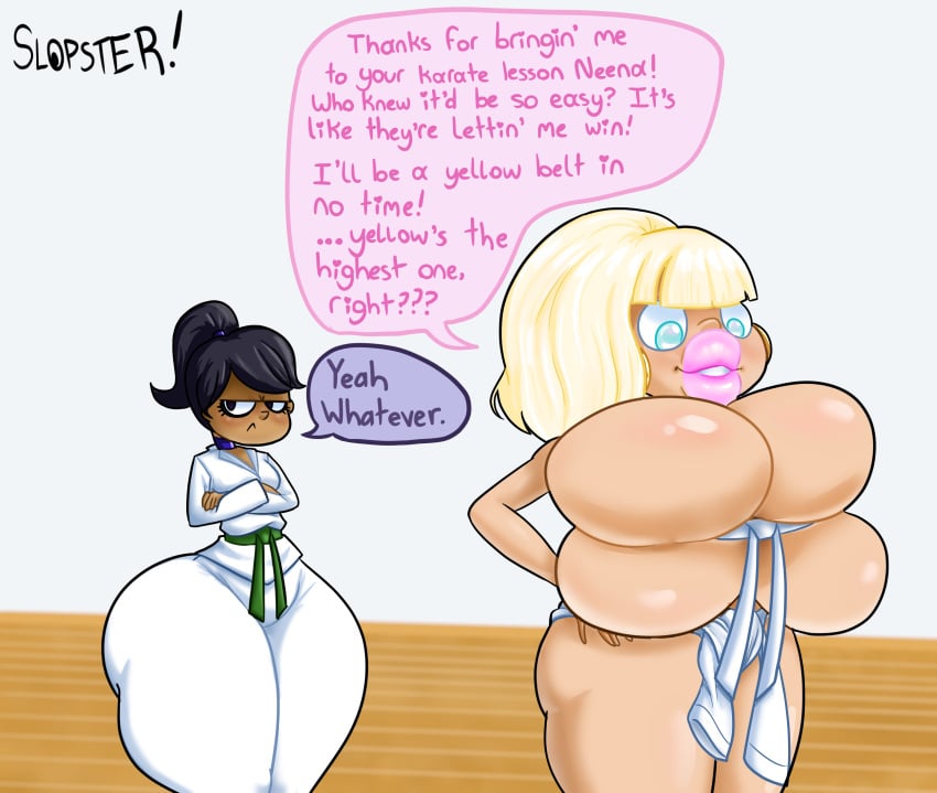 big_breasts bimbo bimbo_lips bursting_breasts huge_breasts karate_gi lipstick slopster! wide_hips