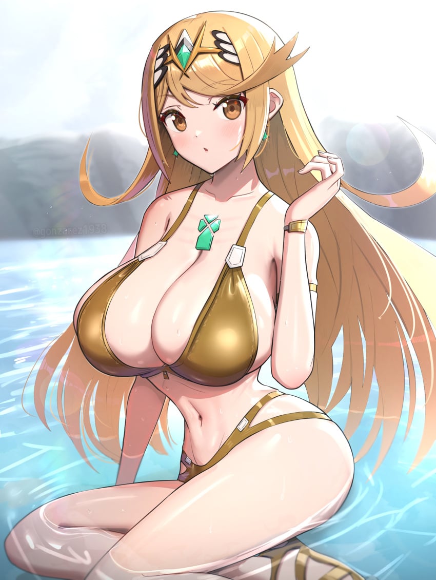 1girls bikini blonde_hair breasts core_crystal female gold_bikini gold_eyes gonzarez hi_res hips huge_breasts light-skinned_female light_skin long_hair mythra nintendo outdoors swimsuit thick_thighs thighs wide_hips xenoblade_(series) xenoblade_chronicles_2