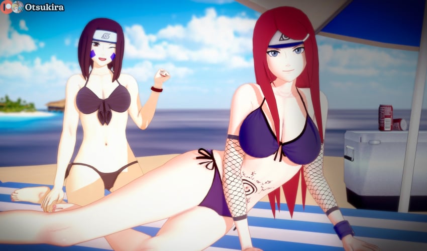 2girls 3d adult adult_and_teenager barefoot beach beach_towel beach_umbrella big_breasts bikini bracelet breasts brown_eyes brown_hair cooler drinks facepaint female female_only forehead_protector hair_ornament hairclip headband knees_together_feet_apart koikatsu konohagakure_symbol long_hair looking_at_viewer makeup mature mature_female midriff milf multiple_girls naruto naruto_(series) naruto_shippuden nohara_rin ocean older_female one_eye_closed otsukira outdoors petite petite_body red_hair sand seaside shore shoulder_length_hair side-tie_bikini soda soda_can spread_legs stomach_tattoo swimsuit tattoo teenage_girl teenager towel umbrella uzumaki_kushina very_long_hair water wink younger_female