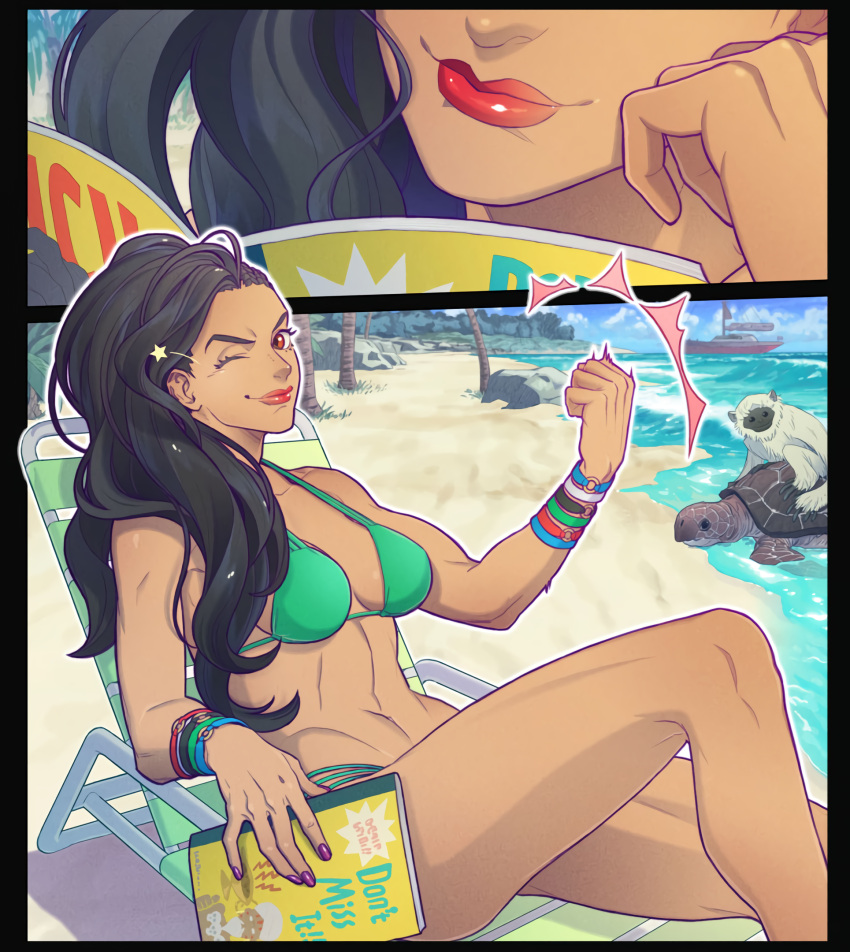 1girls beach bikini black_hair brazilian brazilian_female capcom dark-skinned_female female latina laura_matsuda lipstick nail_polish reading redbone smile street_fighter street_fighter_v toned wink