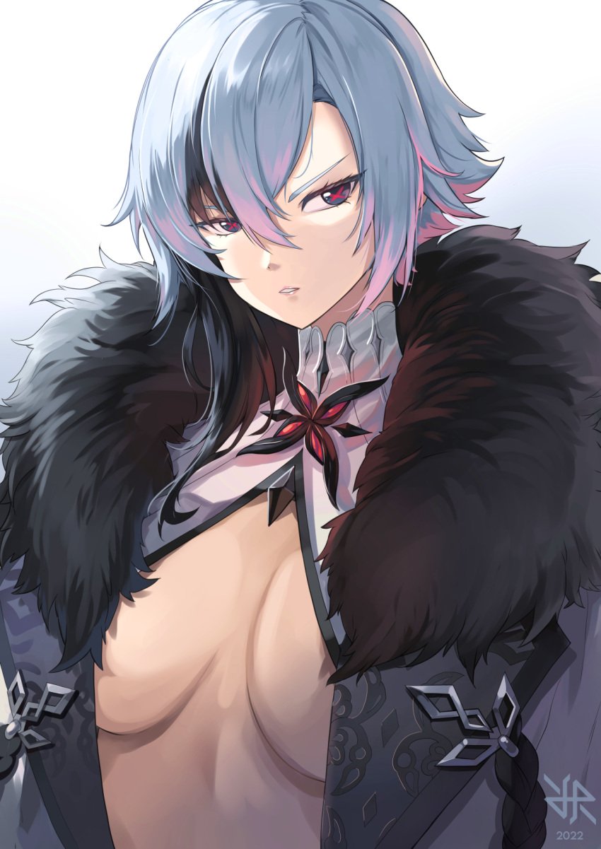 2022 arlecchino_(genshin_impact) bangs black_hair breasts coat female fur-trimmed_coat fur_collar fur_trim genshin_impact hair_between_eyes highres hiroki_ree lips long_hair looking_at_viewer multicolored_hair parted_lips red_pupils short_hair simple_background solo symbol-shaped_pupils two-tone_hair upper_body white_background x-shaped_pupils