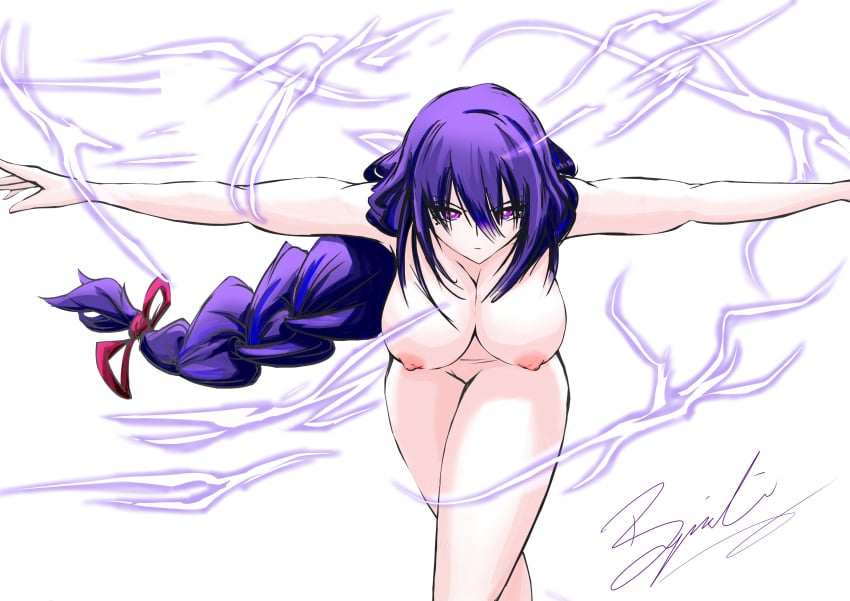 absurdres artist_name bent_over bjaski_(72050305) braid braided_ponytail breasts completely_nude cowboy_shot crossed_legs cursive electricity english_commentary female frown genshin_impact glaring hair_between_eyes hanging_breasts highres large_breasts leaning_forward lightning long_hair looking_at_viewer low-tied_long_hair nipples no_hair_ornament nude outstretched_arms purple_eyes purple_hair raiden_shogun red_ribbon ribbon signature simple_background solo spread_arms t-pose very_long_hair white_background