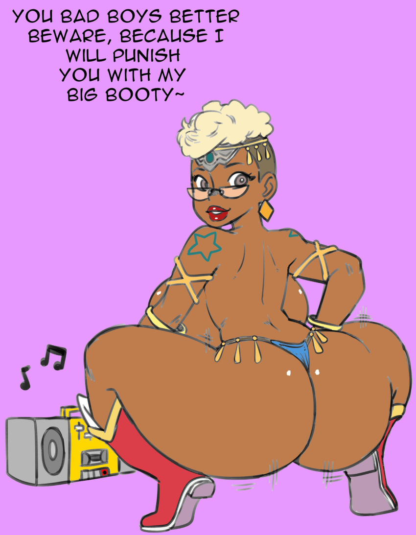 ass backboob big_ass big_breasts blonde_hair boots breasts color cosplay dark-skinned_female darkeros13 earrings glasses gold_boombox_(prevence) jewelry looking_back miss_bomber!! ms._soft_(grimlockxxx) squatting text thong twerking