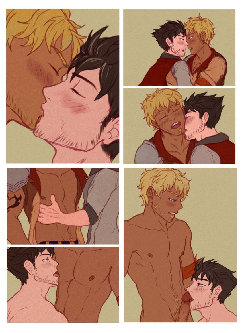 albertoarts blowjob blowjob_face boner erect_penis erection gay gay_sex hard_on male_only melanin men_kissing muscles muscular muscular_male neck_kiss nipple_lick open_shirt oral oral_sex qrow_branwen rwby taiyang_xiao_long