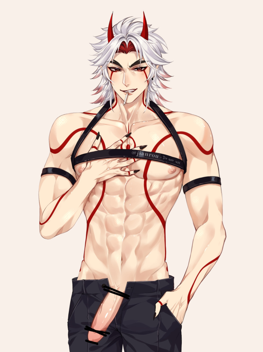 1boy abs arataki_itto bar_censor black_nails black_pants censored genshin_impact highres horns long_hair male_focus male_only male_underwear mouth_hold multicolored_hair muscular muscular_male nipples oni_horns pants penis red_eyes rourouki tagme tattoo tobacco underwear white_hair