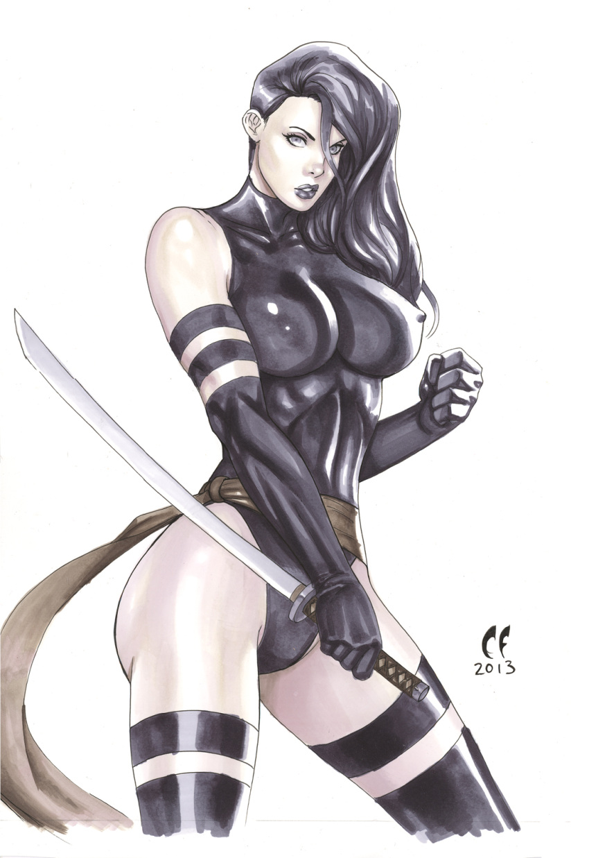 1girls betsy_braddock big_breasts black_hair breasts chris_foulkes clothed_female clothed_sex clothing curvaceous curvy curvy_female curvy_figure elizabeth_braddock female female_only hourglass_figure katana kwannon long_hair marvel marvel_comics psylocke solo solo_female straight_hair sword tagme voluptuous x-men