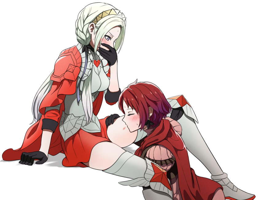 2girls alternate_costume alternate_hairstyle armor bare_thighs black_gloves blush boobplate cape closed_eyes covering_mouth edelgard_von_hresvelg female female_only fire_emblem fire_emblem:_three_houses fire_emblem_warriors:_three_hopes gloves greaves hair_ribbon highres kissing kissing_thigh monica_von_ochs multiple_girls nieto_tokage nintendo official_alternate_costume official_alternate_hairstyle red_cape red_hair red_skirt ribbon short_hair side_ponytail simple_background skirt thighs tiara white_hair worship yuri