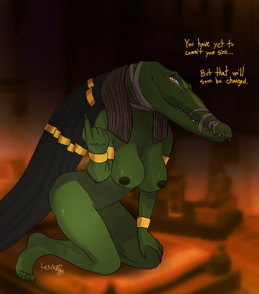 1girls 2022 ammit ammit_(moon_knight) anthro anthro_only artist_signature bracelet breasts detailed_background dialogue egyptian_mythology female female_only green_body green_skin hi_res lewdigo long_fingernails looking_at_viewer marvel marvel_cinematic_universe moon_knight_(series) mythological_creature mythological_scalie mythology nipples no_humans reptile reptile_humanoid seductive text