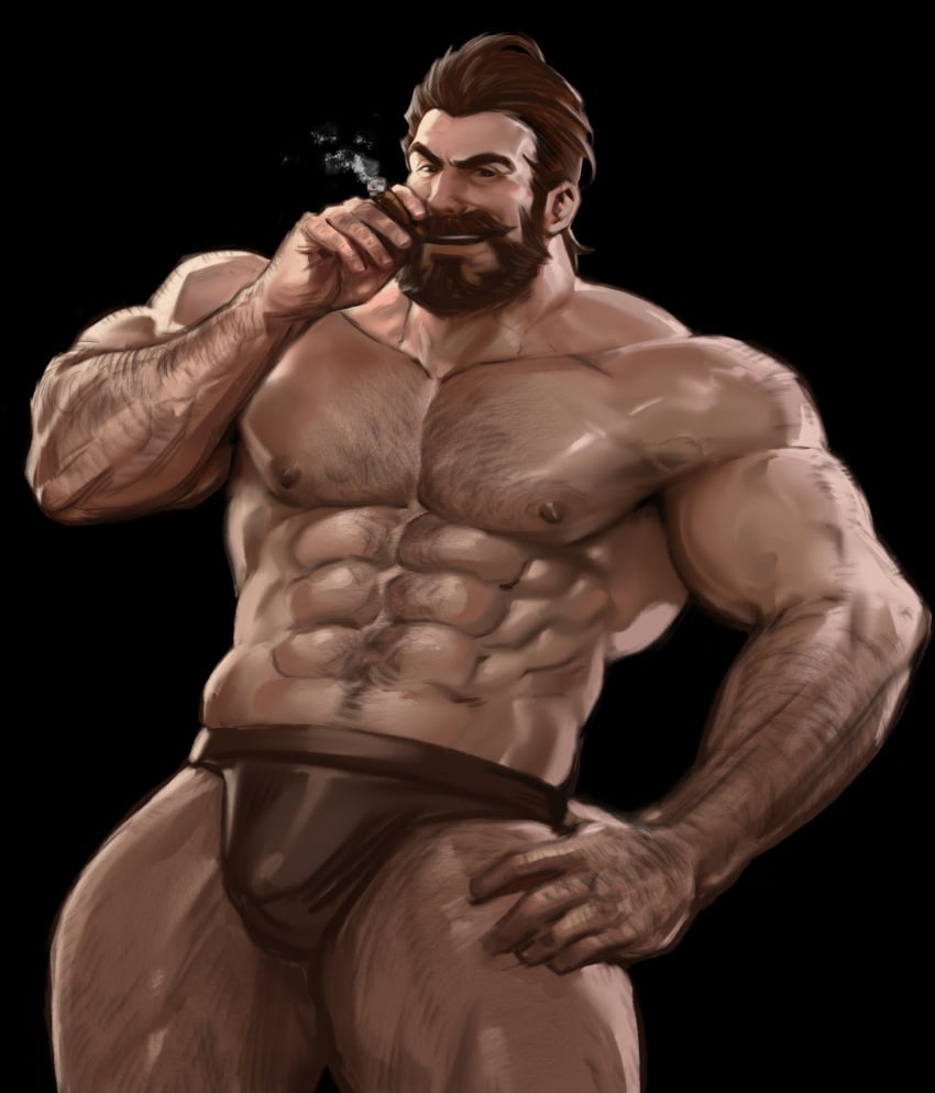 1boy 2017 2d 2d_(artwork) beard briefs briefs_only brown_eyes brown_hair bulge cigarette color colored dark_hair dilf dopq facial_hair graves_(league_of_legends) league_of_legends looking_at_viewer male male_only muscle muscles muscular muscular_male short_hair smoke smoking solo solo_focus solo_male standing underwear underwear_only white_skin