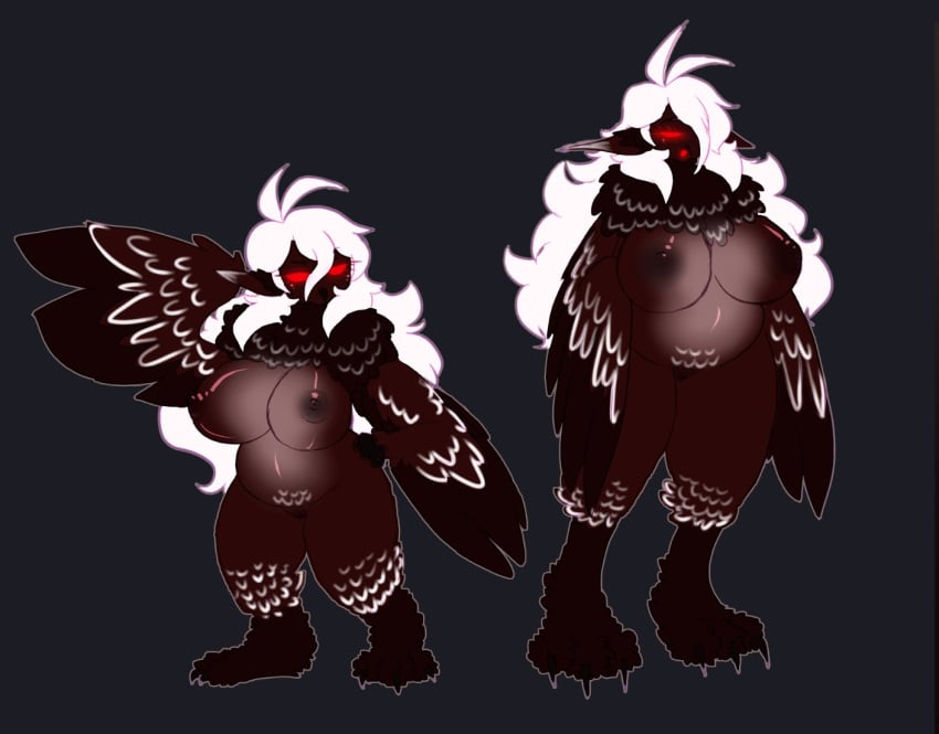 animal_humanoid anthro aspenofsimpcon avian avian_humanoid big_breasts breasts brown_body feathers female hair humanoid long_hair mature_female red_eyes short_stack shortstack slightly_chubby solo thick_thighs white_hair wings wren_(aspen)