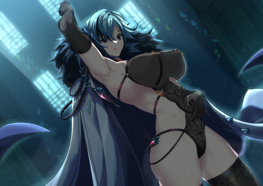 absurdres arlecchino_(genshin_impact) arm_behind_head arm_up armpits backlighting bangs bare_shoulders black_gloves black_hair black_leotard black_thighhighs breasts coat coat_on_shoulders elbow_gloves female fur-trimmed_coat fur_trim genshin_impact gloves grey_eyes grey_hair hair_between_eyes highleg highleg_leotard highres large_breasts leotard looking_at_viewer multicolored_hair red_pupils short_hair smile solo streaked_hair symbol-shaped_pupils thighhighs thighs torahime white_coat x-shaped_pupils