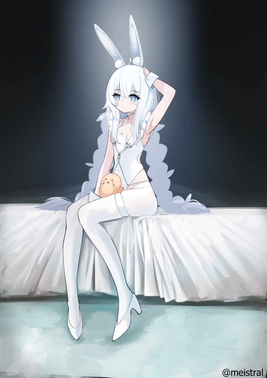 +_+ absurdres ahoge animal_ears arm_up azur_lane bangs bed_sheet blue_eyes braid breasts choker covered_navel crotchless crotchless_pantyhose eyebrows_visible_through_hair fake_animal_ears female full_body fully_clothed gradient gradient_background hair_between_eyes hairband hand_on_own_head high_heels highleg highleg_leotard highres le_malin_(azur_lane) le_malin_(listless_lapin)_(azur_lane) leotard long_hair manjuu_(azur_lane) meis_(meistral) non-nude o-ring o-ring_choker official_alternate_costume on_bed pantyhose playboy_bunny rabbit_ears silver_footwear sitting skindentation sleeve_cuffs small_breasts solo strap thigh_strap triangle_mouth twin_braids twintails twitter_username white_choker white_leotard white_pantyhose wrist_cuffs