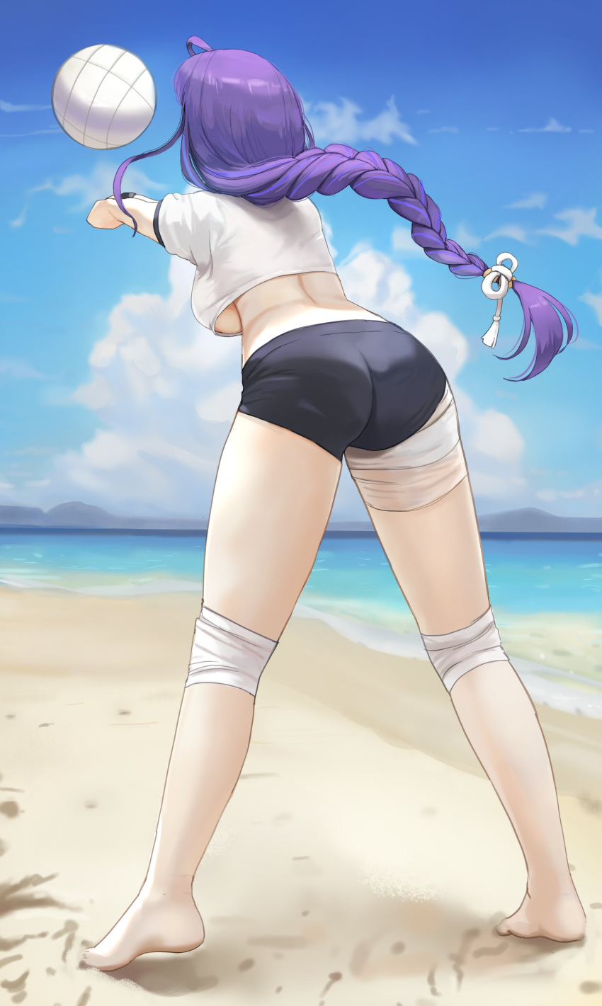 ass back_view beach beach_ball big_breasts big_butt big_penis braid breasts dolri genshin_impact kneesocks large_ass large_breasts legs playing playing_music purple_hair raiden_shogun socks sports_bra swimwear thick thick_legs underboob