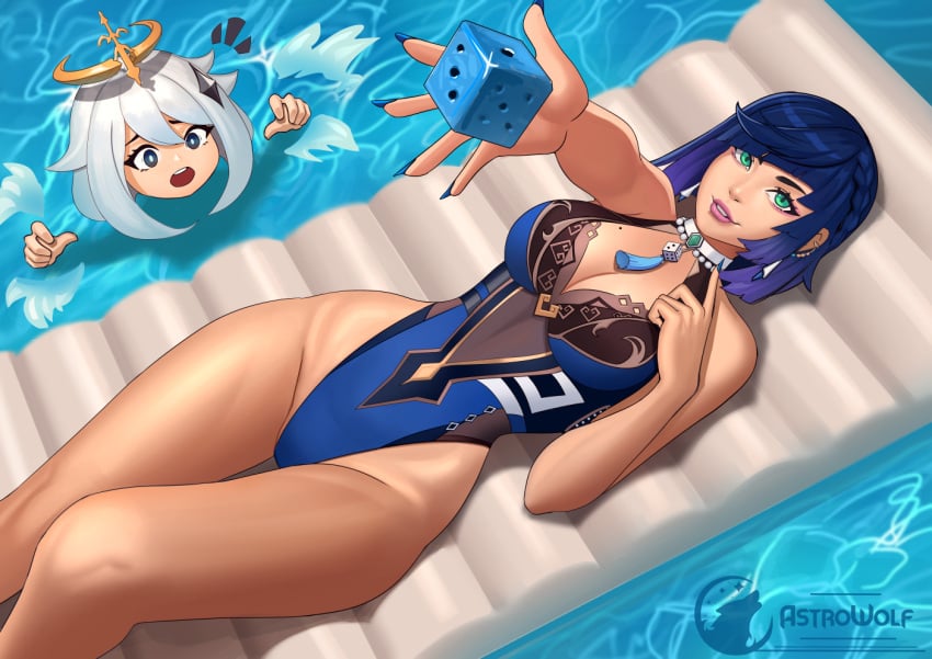 2girls ^^^ afloat artist_logo artist_name astrowolf bangs bare_arms bare_legs bare_shoulders blue_hair blue_nails blue_swimsuit braid breasts choker cleavage diagonal_bangs dice earrings english_commentary feet_out_of_frame floating floating_object from_above genshin_impact gradient_hair green_eyes hair_ornament hand_on_own_chest highleg highleg_swimsuit inflatable_raft jewelry knee_up large_breasts legs looking_at_viewer lying mechanical_halo medium_breasts medium_hair mole mole_on_breast multicolored_hair multiple_girls on_back one-piece_swimsuit open_hand open_mouth outstretched_arm paimon_(genshin_impact) parted_lips purple_hair reaching_out short_hair smile splashing star_(symbol) star_hair_ornament struggling swimsuit tassel tassel_choker teeth upper_teeth water white_hair yelan_(genshin_impact)