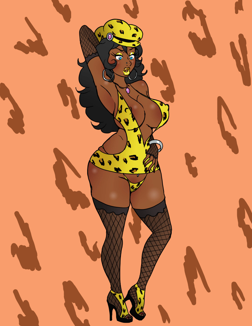 1girls 2016 absurd_res absurdres bimbo bimbofication black_hair blue_eyes breasts cat_girl dark-skinned_female dark_skin diggerman digital_media_(artwork) earrings ebonii_(eduartboudewijn) erect_nipples eyes eyeshadow face_piercings female female_focus female_only fishnets hat hi_res high_heels high_resolution highres human human_only jewelry large_breasts leopard_girl leopard_print lipstick long_hair looking_down makeup nail_polish necklace nose_piercing orange_background original piercing ring simple_background solo solo_female solo_focus thighhighs yellow_eyeshadow