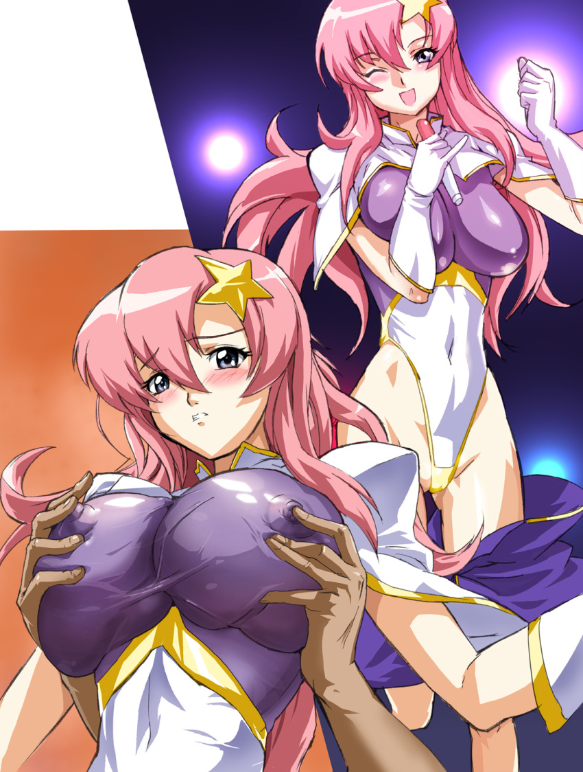 alpa blue_eyes blush breast_grab breast_squeeze breasts cg erect_nipples gloves groping gundam gundam_seed gundam_seed_destiny highleg highres huge_breasts long_hair lux meer_campbell microphone nipple_tweak pink_hair red_hair star wink