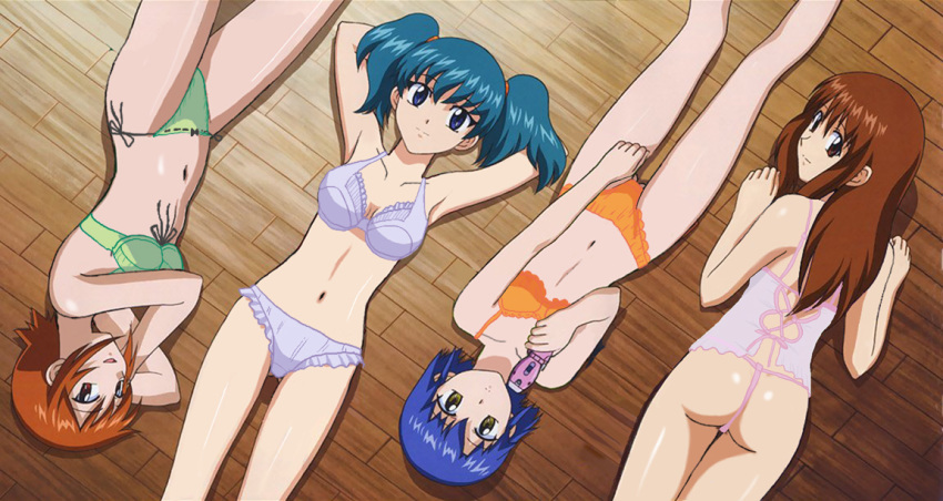 armpits arms_up ass blue_eyes blue_hair bra brown_eyes brown_hair doi_shizuha female female_only honjo_mikaze kikuhara_karin lingerie long_hair looking_back lying multiple_girls nakamura_ayamo on_stomach panties photoshop red_eyes short_hair side-tie_panties stratos_4 tied_hair twintails underwear