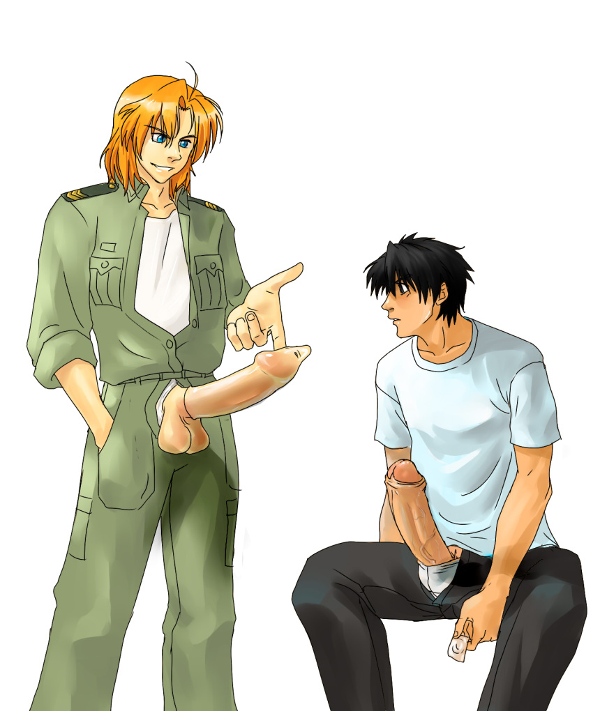 2boys balls_in_underwear balls_out black_hair blonde_hair blue_eyes condom_on_penis condom_wrapper erection full_metal_panic gay inmomakuro inviting_to_sex kurz_weber looking_at_penis male male_only open_jacket pants_open penis penis_out penis_size_difference pointing_at_penis retracted_foreskin sousuke_sagara uncut veiny_penis white_background yaoi