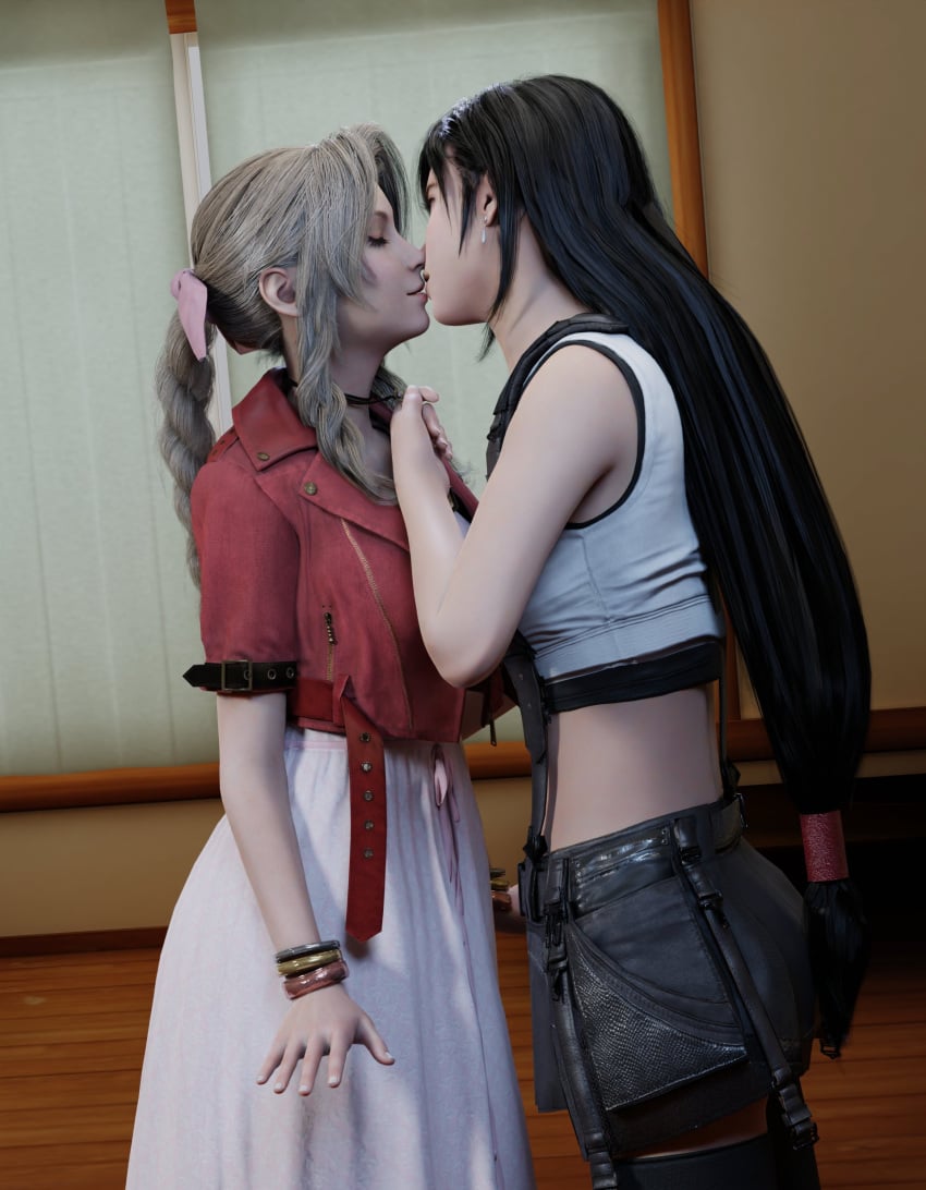 1:1 2girls 3d absurd_res accelevik aerith_gainsborough black_hair closed_eyes female female_only final_fantasy final_fantasy_vii final_fantasy_vii_remake hi_res kissing looking_at_another tifa_lockhart yuri