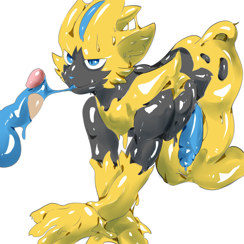 anthro duo goo_(disambiguation) goo_creature goo_transformation haiae hi_res human legendary_pokémon male male/male mammal nintendo pokémon_(species) pokemon transformation transformation_through_sex video_games zeraora