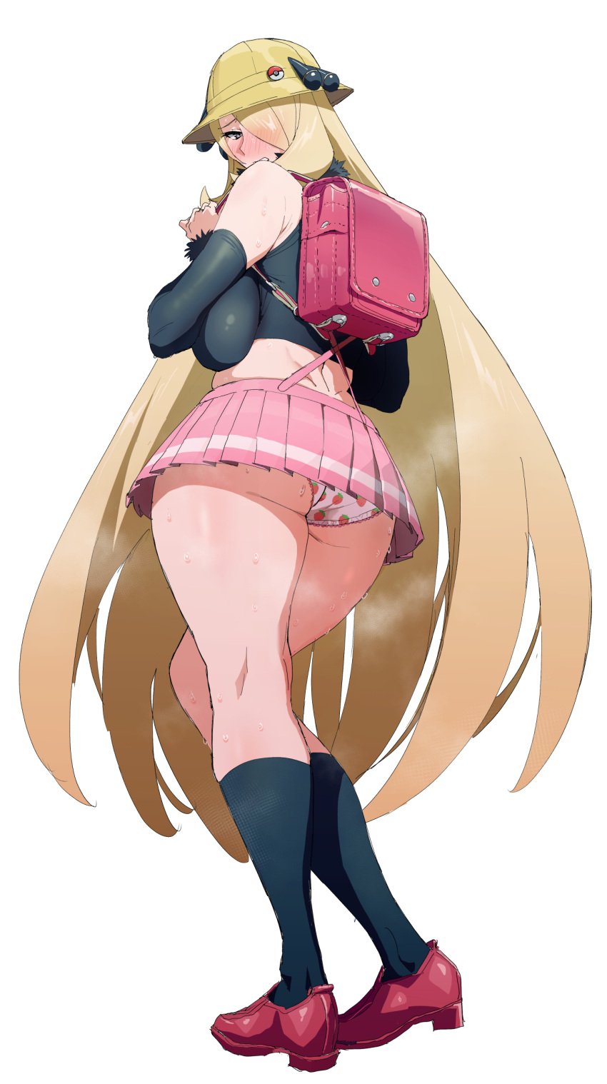 1girls age-inappropriate_clothing ageplay ass bag big_ass big_breasts blonde_hair blush breasts cynthia_(pokemon) dressed_young embarrassed female female_focus female_only game_freak hat huge_ass huge_breasts infantilism ishii_takamori kneehighs long_hair miniskirt nintendo panties pokemon pokemon_(game) pokemon_dppt randoseru solo solo_female solo_focus standing sweat thick_thighs