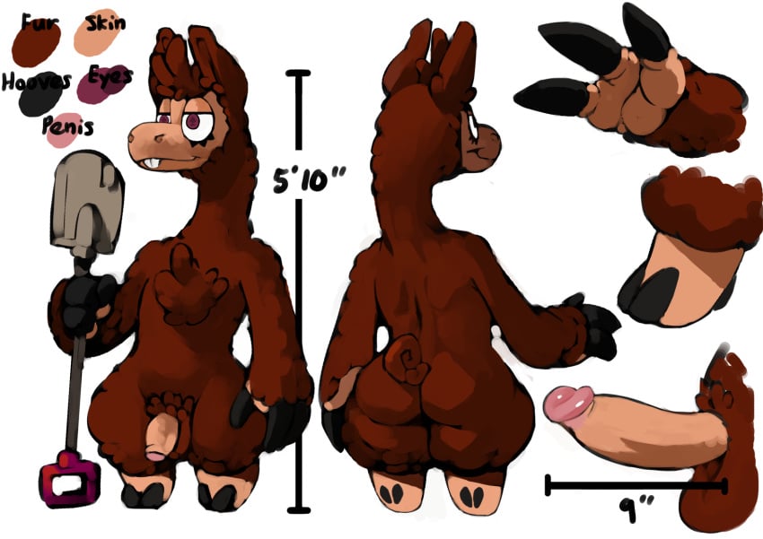 ♠ 2022 anthro ass balls big_butt big_penis bittenhard black_hooves brown_body brown_fur buckteeth bucky_sprouts camelid chest_tuft close-up color_swatch crotch_tuft digital_media_(artwork) english_text erection eyelashes fingers fluffy fluffy_tail foreskin fur genitals half-closed_eyes hi_res holding_object hooved_fingers hooves llama long_neck male male_only mammal model_sheet narrowed_eyes nude penis pupils purple_eyes short_tail shovel smile solo solo_male suit_symbol teeth text thick_thighs tools tuft uncircumcised unusual_pupils wide_hips