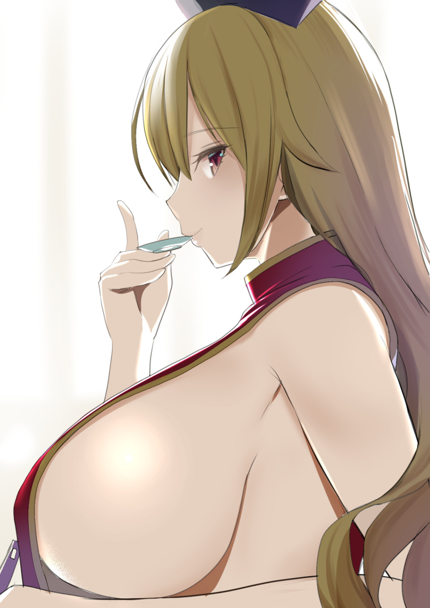 amisu black_headwear blonde_hair breasts closed_mouth cup drinking female from_side hat highres holding huge_breasts junko_(touhou) long_hair looking_at_viewer naked_tabard one-hour_drawing_challenge profile red_eyes sideboob simple_background solo tabard touhou upper_body white_background